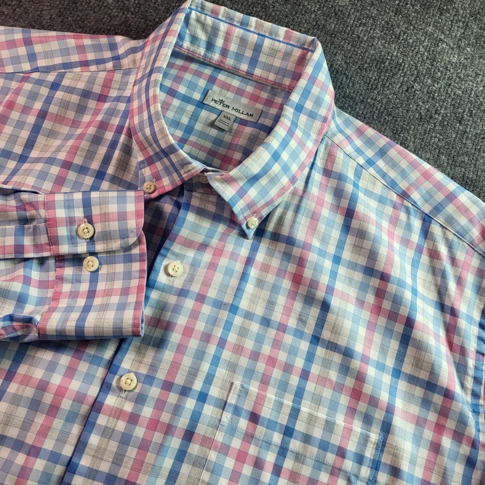 PETER MILLAR Mens XXL GINGHAM Plaid Button Down Shirt Long Sleeve 100% Cotton